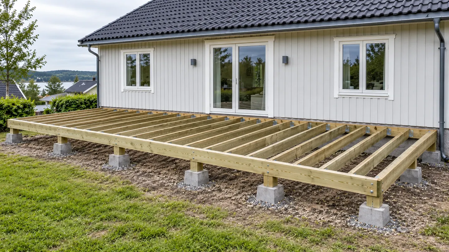 Trästomme som sträcker sig längs hela husfasaden med reglar ut från huset